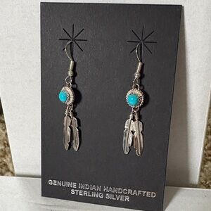 Navajo Made Cornelia Yazzie Sterling Silver & Turquoise Feather Earrings NWT